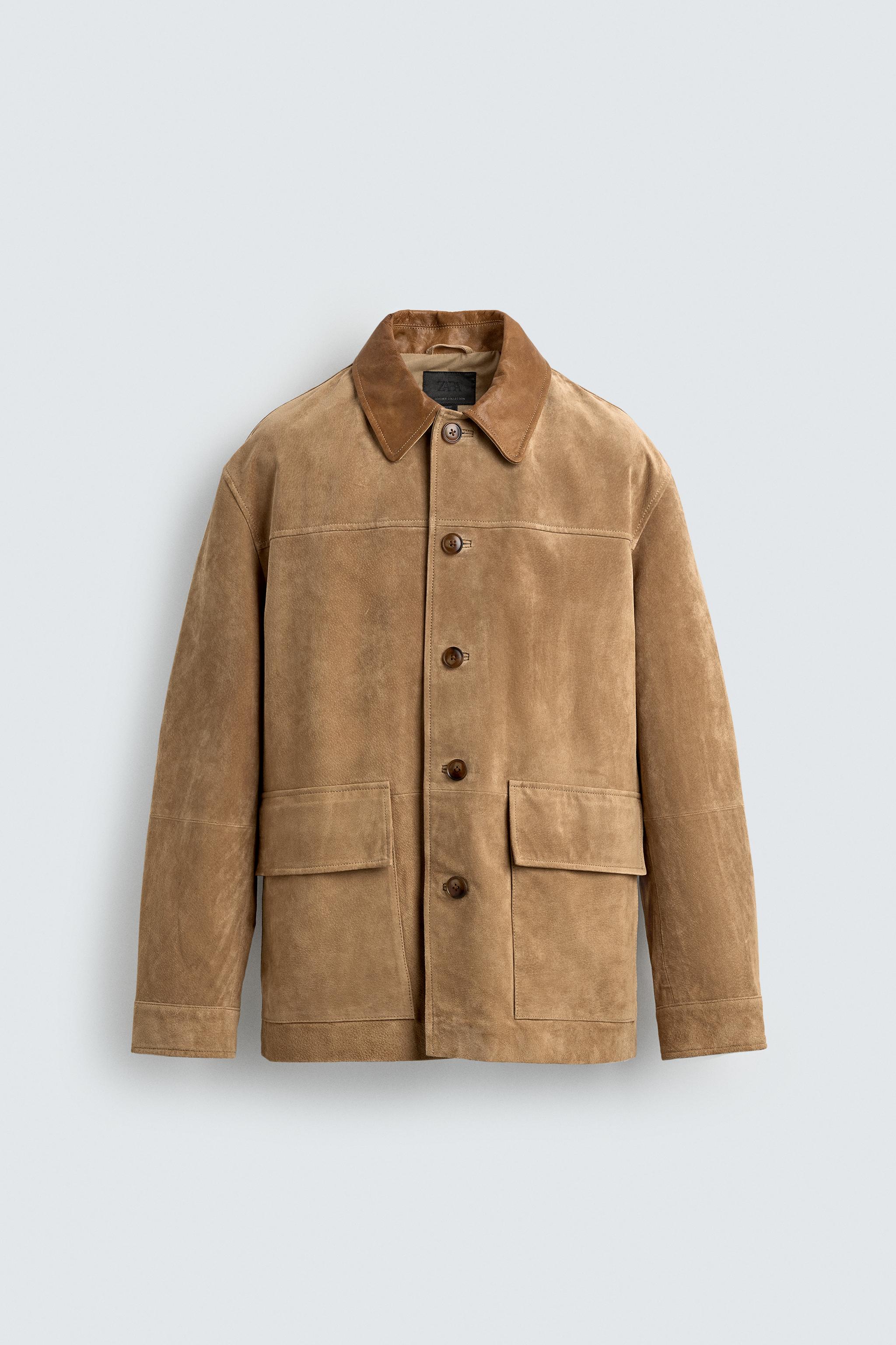 VESTE EN CUIR VELOURS AVEC COL BIMATIÈRE